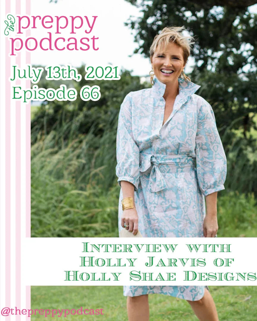 Woman in a floral dress standing outdoors with text about a preppy podcast episode.